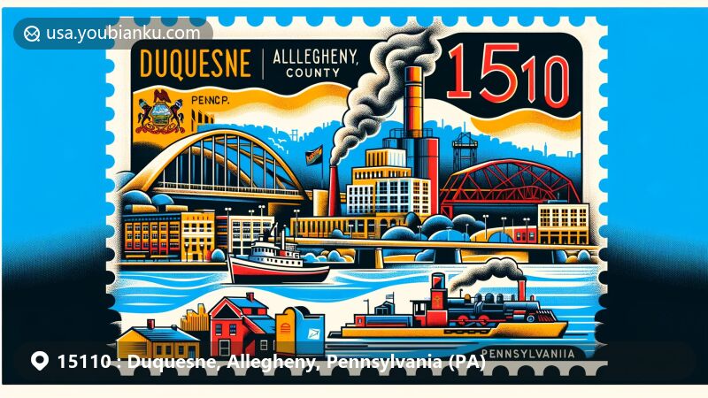 Vibrant illustration of Duquesne, Allegheny County, Pennsylvania, showcasing postal theme with ZIP code 15110, featuring Monongahela River, steel industry history, and diverse community, including African American and White populations.