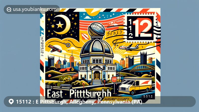 Modern illustration of East Pittsburgh, Pennsylvania, showcasing Allegheny Observatory and postal theme with ZIP code 15112, featuring the Pennsylvania state flag, Allegheny County outline, and various postal elements.