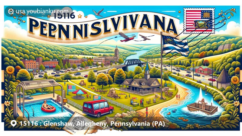 Modern illustration of Glenshaw, Pennsylvania, showcasing Allegheny County's outline, local parks, community elements, and postal theme with ZIP code 15116, featuring state flag and creative postal design.