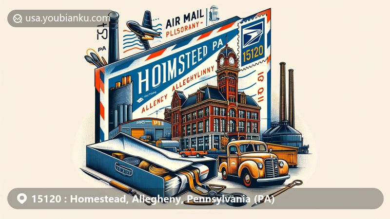 现代插画展示宾夕法尼亚州阿勒格尼县霍姆斯特德地区的邮政主题，包括博斯特大楼、霍姆斯特德钢铁厂和卡内基图书馆，展示邮政信封上的州旗邮票和“Homestead, PA 15120”邮戳，以及复古钢铁工具。