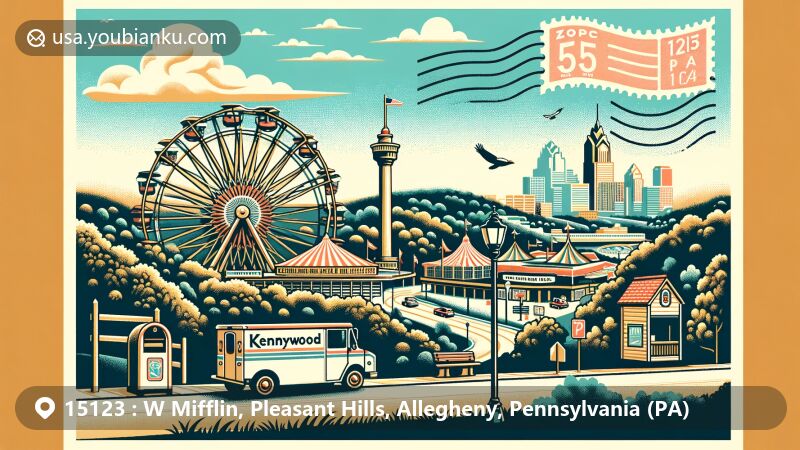 Modern illustration of West Mifflin and Pleasant Hills in Allegheny County, Pennsylvania, featuring iconic landmarks like Kennywood Park, suburban charm, and postal elements with ZIP code 15123.