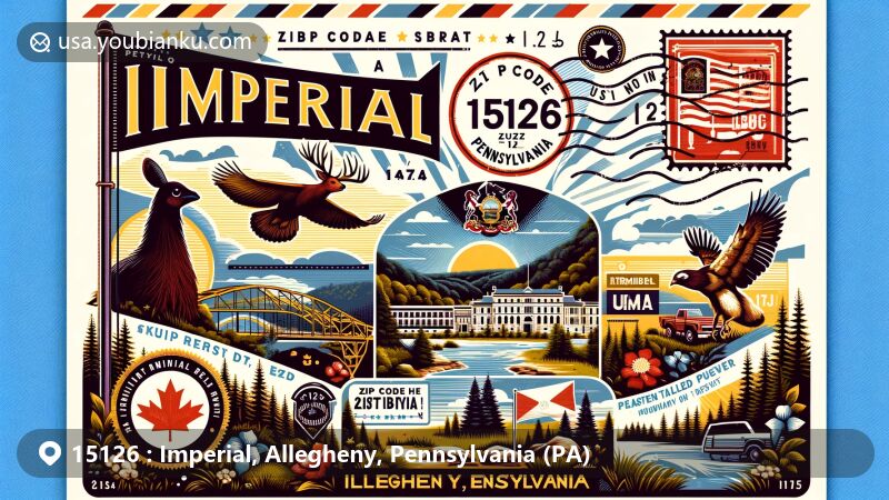 Modern illustration of Imperial, Pennsylvania, showcasing postal theme with ZIP code 15126, featuring state symbols like the flag, Ruffed Grouse, White-tailed Deer, Eastern Hemlock, and Mountain Laurel.