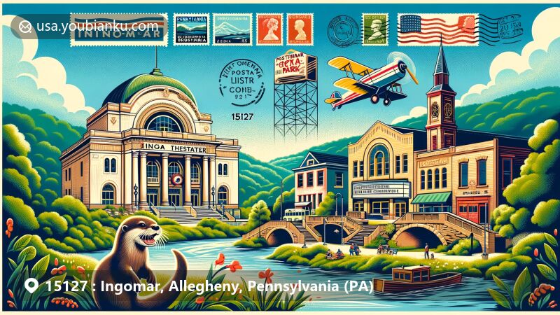 Modern illustration of Ingomar, Pennsylvania, in Allegheny County, featuring iconic landmarks like the Ingomar Theater and Ingomar City Park, along with vintage air mail elements and ZIP code '15127'. The composition blends historical architecture with natural landscapes and wildlife from the Ingomar Wildlife Reserve.