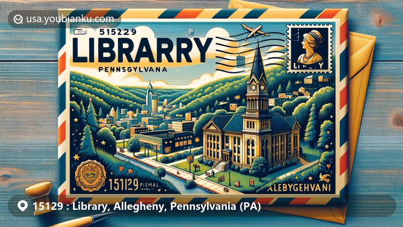Modern illustration of Library, Allegheny County, Pennsylvania, showcasing postal theme with ZIP code 15129, featuring Library community on a vintage airmail envelope set amidst lush South Park Township landscapes. Pennsylvania state flag in the stamp area symbolizes state pride, while the background includes iconic landmarks like the first library and natural parks.