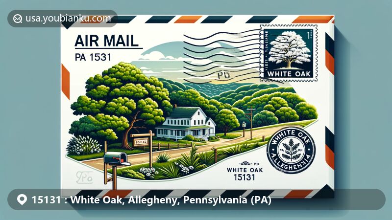 Modern illustration of White Oak Park, Allegheny, Pennsylvania, showcasing natural beauty and iconic white oak tree, featuring postal theme with stamp 'White Oak, PA 15131', and postmark indicating mail origin. Creative incorporation of mailbox or mail truck elements symbolizing postal service, ideal for web illustration highlighting regional and postal features.