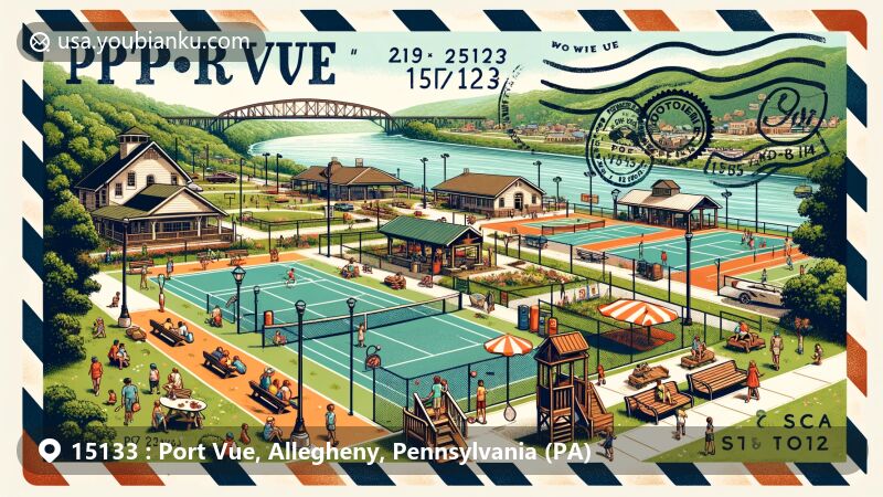 Modern illustration of Port Vue, Allegheny County, Pennsylvania, highlighting community life and natural beauty along Youghiogheny River, featuring recreational facilities and postal elements with ZIP code 15133.