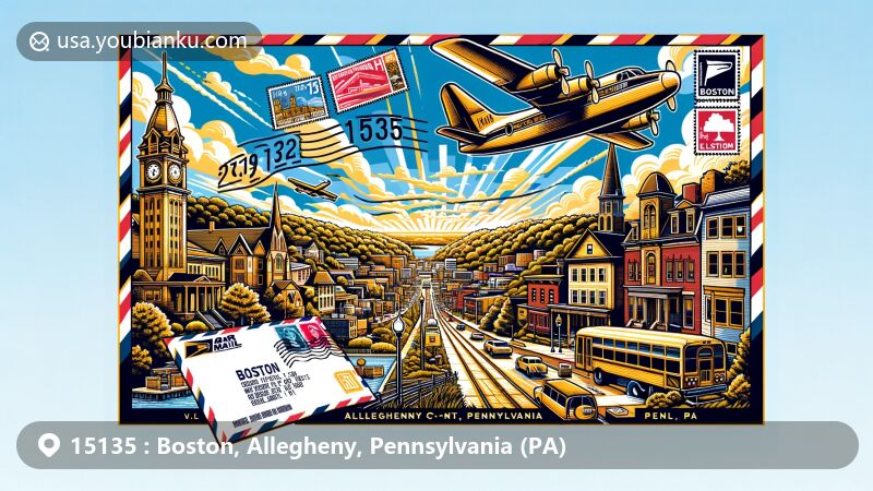 Modern illustration of Boston, Allegheny County, Pennsylvania, showcasing postal theme with ZIP code 15135, featuring state symbols like the Pennsylvania flag and county outline.