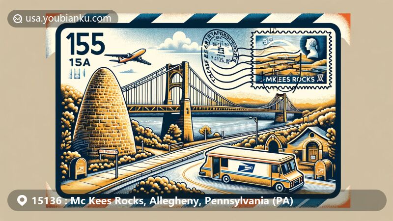 Modern illustration of Mc Kees Rocks, Allegheny, Pennsylvania, showcasing postal theme with ZIP code 15136, featuring McKees Rocks Bridge and McKees Rocks Indian Mound.