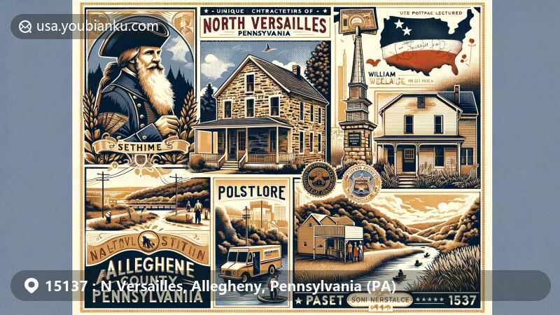 Modern illustration of North Versailles, Allegheny County, Pennsylvania, showcasing historical interactions, William Wallace's stone house, outdoor activities, community spirit, regional symbols, and postal elements with ZIP code 15137.