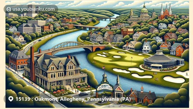 Modern illustration of Oakmont, Pennsylvania, showcasing Allegheny River, Oakmont Country Club, Kerr Memorial Museum, Carnegie Library, and Oaks Theater, representing the town's charm, historical heritage, and natural beauty.