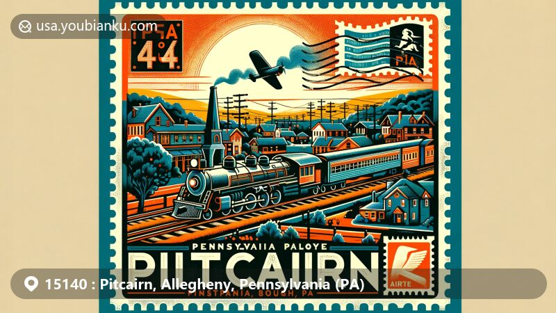 Modern illustration of Pitcairn, PA, featuring historic railway connection, community parks, and postal elements, with ZIP code 15140, showcasing vibrant colors and welcoming feel.
