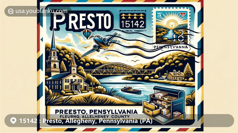 Modern illustration of Presto, Allegheny County, Pennsylvania, featuring Chartiers Creek and postal elements, highlighting the ZIP code 15142 and the tranquil community vibe.