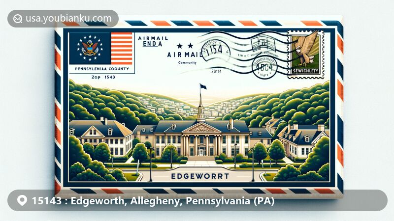 Modern illustration of Edgeworth community, Allegheny County, Pennsylvania, resembling an airmail envelope with American and Pennsylvania state flags, showcasing Sewickley Academy, lush trees, and architectural charm.
