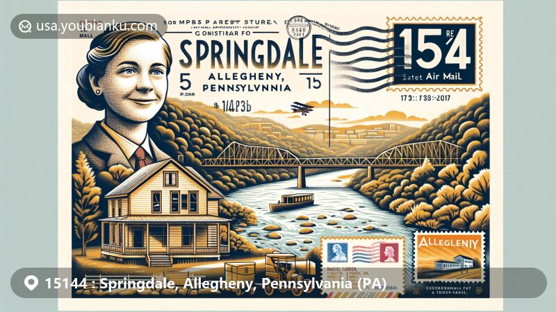 Modern illustration of Springdale, Allegheny, Pennsylvania, capturing essence of postal theme with ZIP code 15144, featuring Rachel Carson Homestead and Allegheny River, blending natural beauty with postal elements.