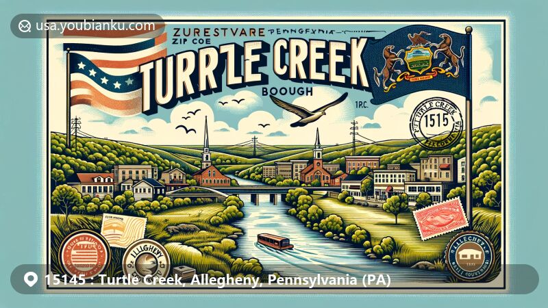 Modern illustration of Turtle Creek, Allegheny County, Pennsylvania, highlighting postal theme with ZIP code 15145, featuring vintage postcard design with Pennsylvania state flag and Allegheny County outline.