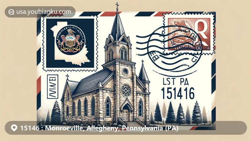 Modern illustration of Monroeville, Allegheny County, Pennsylvania, featuring Old Stone Church on an airmail envelope, showcasing postal theme with Pennsylvania state symbols and ZIP Code 15146.