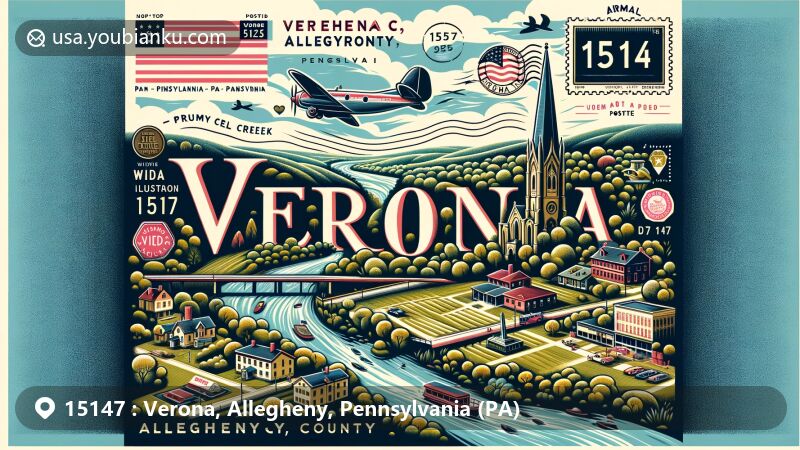 Modern illustration of Verona, Allegheny County, Pennsylvania, showcasing natural beauty near water bodies like Allegheny River and Plum Creek, featuring Mount Carmel Cemetery. Includes postal elements with ZIP code 15147 for a creative geographical and postal identity fusion.