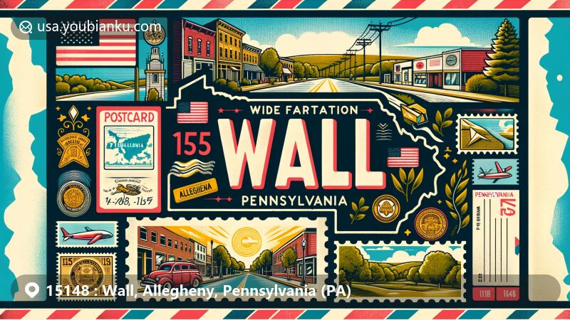 Modern illustration of Wall, Pennsylvania, in Allegheny County, showcasing ZIP code 15148, featuring state symbols and small-town charm with historic landmarks and postal elements.