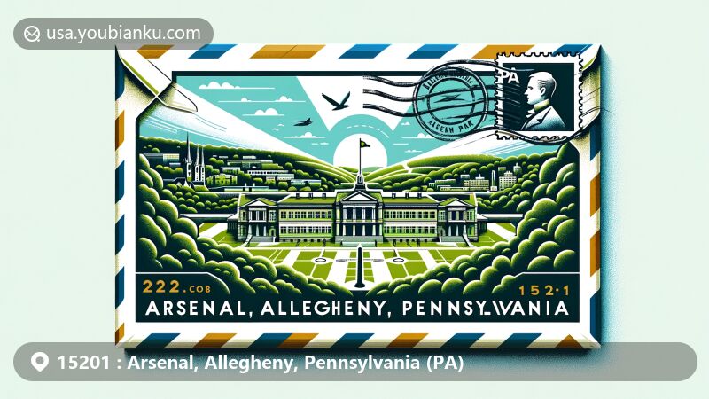 Modern illustration of Arsenal, Allegheny, Pennsylvania, featuring historical landmarks like Allegheny Arsenal and Arsenal Park, with symbolic elements of Allegheny Cemetery, showcasing postal theme with ZIP code 15201 and PA abbreviation.