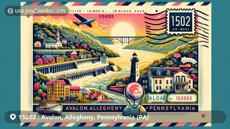 Modern illustration of Avalon, Allegheny, Pennsylvania, featuring ZIP code 15202, showcasing Ohio River and Davis Island Lock and Dam Site, reflecting residential charm and community spirit.