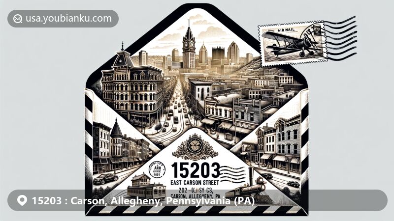 Modern illustration of East Carson Street, Carson, Allegheny, PA, showcasing Victorian-era commercial buildings and iconic elements related to Andrew Carnegie and Rachel Carson, all designed in the form of an airmail envelope with '15203' ZIP Code, stamp, and postmark.