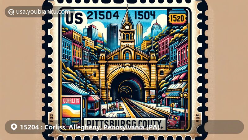 Modern illustration of Corliss area in Allegheny County, Pennsylvania, featuring Corliss Street Tunnel and ZIP code 15204, incorporating local symbols and vibrant colors in a celebratory postal theme.
