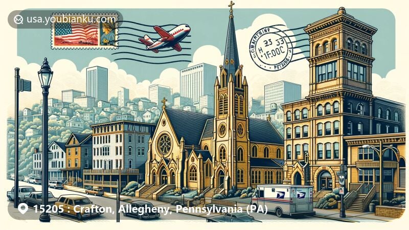 Modern illustration of Crafton, Pennsylvania, highlighting St. Philip Roman Catholic Church and the Episcopal Church of the Nativity, against a backdrop of residential charm and historical architecture, centered on a vintage air mail envelope with Pennsylvania state flag stamp and 'Crafton, PA 15205' postmark, featuring symbols like a mailbox and postal delivery vehicle.