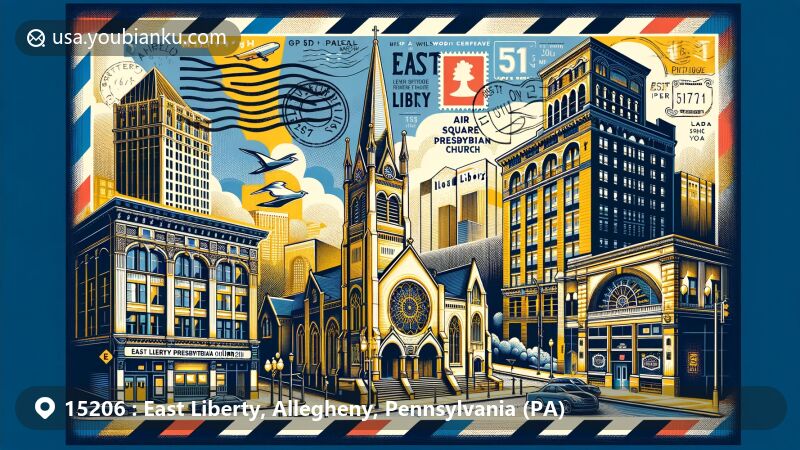 Modern illustration of East Liberty, Allegheny County, Pennsylvania, featuring Motor Square Garden and East Liberty Presbyterian Church, highlighting postal theme with ZIP code 15206 and Pennsylvania state flag colors.