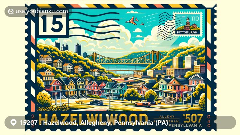 Modern illustration of Hazelwood, Allegheny County, Pennsylvania, embracing community-oriented neighborhoods and city steps, symbolizing connectivity and hilly landscape, featuring Hazelwood Green, Pittsburgh symbols, and postal theme with ZIP code 15207.