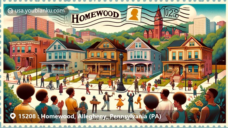 Modern illustration of Homewood, Pittsburgh, PA, showcasing cultural heritage and community spirit with symbols of Charles 'Teenie' Harris and Robert Lee Vann homes, Afro-American Music Institute, Juneteenth Freedom Day, and Pittsburgh Black Music Festival.