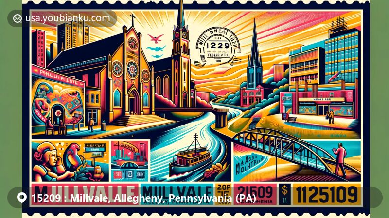 Modern illustration of Millvale, Allegheny, PA, with St. Nicholas Croatian Catholic Church, Maxo Vanka murals, Mr. Smalls Theatre, and Millvale Riverfront Park, featuring postal theme with vintage postcard and stamps showcasing local landmarks and cultural heritage, including ZIP code 15209.
