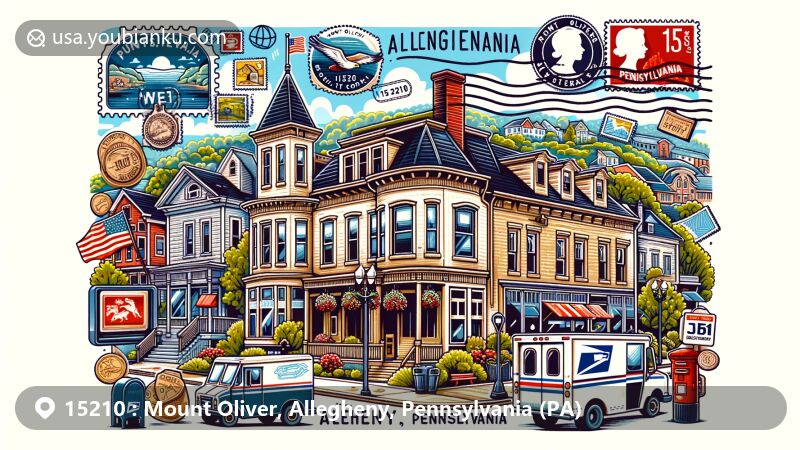 Modern illustration of Mount Oliver, Allegheny, Pennsylvania, featuring postal elements like stamps, postmarks, '15210', mailboxes, and mail truck, alongside Pennsylvania state flag and local cultural symbols.