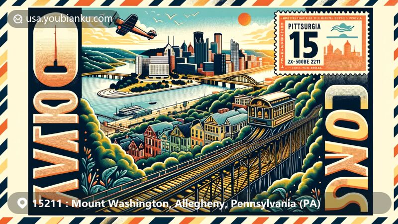 Modern illustration of Mount Washington, Pittsburgh, Pennsylvania, capturing the steep hills and panoramic views of the cityscape, emphasizing the historic Duquesne and Monongahela Inclines, lush greenery of Emerald View Park, local dining treasures like Monterey Bay Fish Grotto and LeMont Restaurant, and featuring prominent postal elements including the Pennsylvania state flag stamp and '15211' zipcode.