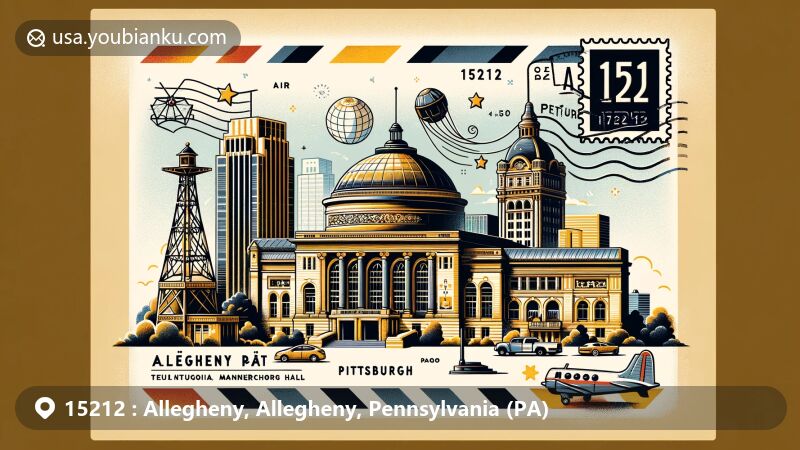 Modern illustration of Allegheny, Pennsylvania, highlighting Carnegie Library, Old Post Office Building, Buhl Planetarium, and Teutonia Männerchor Hall, with postal elements like stamps and postmark, showcasing German cultural influence and astronomical contributions.