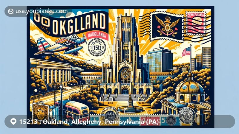 Modern illustration of Oakland, Allegheny, Pennsylvania, showcasing ZIP code 15213, featuring Cathedral of Learning, Carnegie Museum, Pennsylvania state symbols, and vintage postal elements.