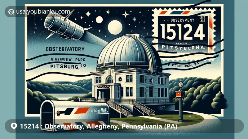 Modern illustration of Allegheny Observatory, Allegheny County, Pennsylvania, featuring postal theme with ZIP code 15214, showcasing Observatory against Riverview Park background and airmail envelope with stamp.