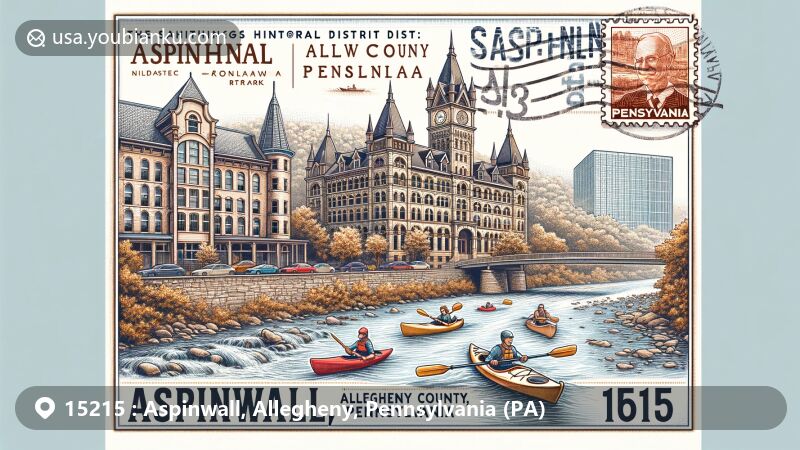 Modern illustration of Aspinwall, Allegheny County, Pennsylvania, featuring Sauer Buildings Historic District's architectural styles and outdoor activities along Allegheny River, with prominent display of ZIP code 15215 and postal elements.