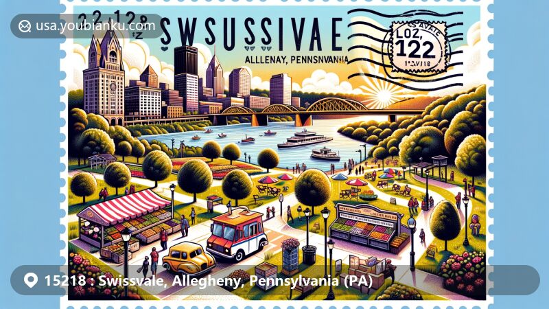 Modern illustration of Swissvale, Allegheny County, Pennsylvania, portraying vibrant farmers market, scenic views of Frick Park, and nod to artistic scene, integrated with postal elements like ZIP code stamp and mail carrier's vehicle.