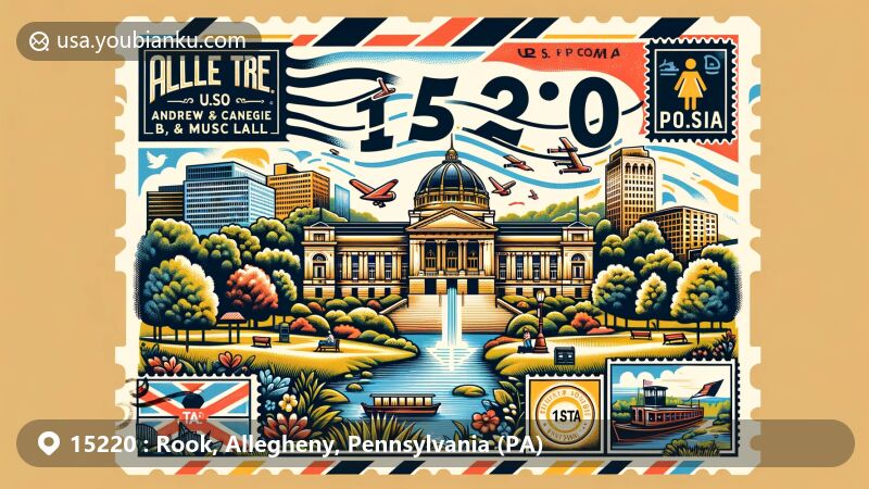 Modern illustration of Rook, Allegheny County, Pennsylvania, showcasing ZIP code 15220, featuring Andrew Carnegie Free Library & Music Hall, Green Tree Borough parks, and Pennsylvania state symbols.