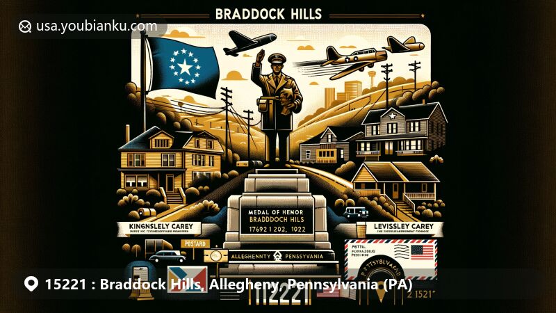 Modern illustration of Braddock Hills, Allegheny County, Pennsylvania, showcasing postal theme with ZIP code 15221, featuring Leonard A. Funk monument, Tuskegee Airman Kingsley Carey, jazz singer Velma Carey, and Pennsylvania state symbols.