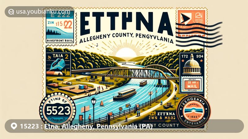 Modern illustration of Etna Riverfront Trail and Park in Allegheny County, Pennsylvania, featuring vibrant trail system and postal elements with ZIP code 15223, symbolic of rich history and community spirit.