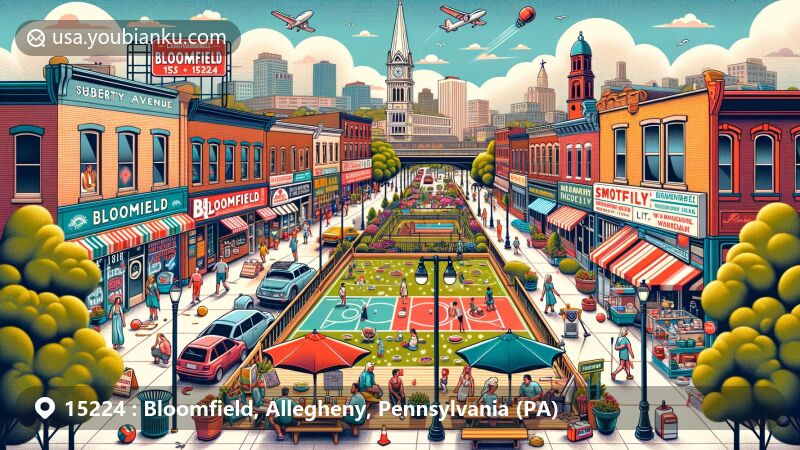 Vibrant illustration of Bloomfield, Pittsburgh, Pennsylvania, known as 'Little Italy', featuring bustling Liberty Avenue with various businesses and a lively park with bocce courts, playground, and sports facilities.