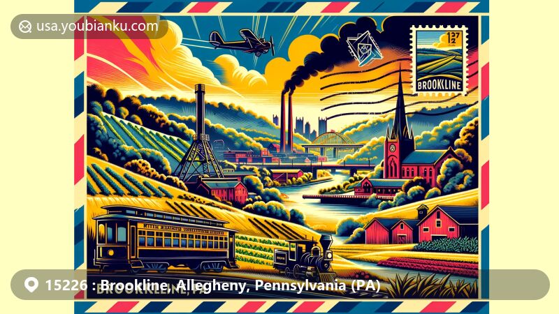 Modern illustration of Brookline neighborhood in Pittsburgh, Pennsylvania, showcasing South Hills terrain and historical ties to Massachusetts settlers, featuring symbols of mining, farming, and early 20th-century streetcar, framed as an air mail envelope with Brookline views and 'Brookline, PA 15226' postmark.