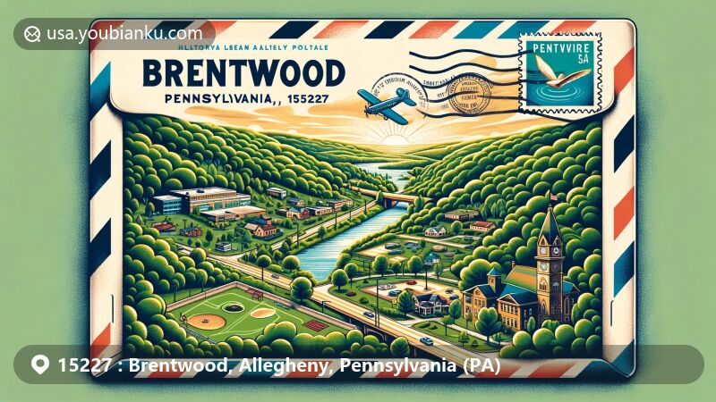 Modern illustration of Brentwood, Allegheny County, Pennsylvania, displaying postal theme with ZIP code 15227, featuring Pennsylvania state flag, lush scenery, historic Brownsville Road, and Brentwood landmarks.
