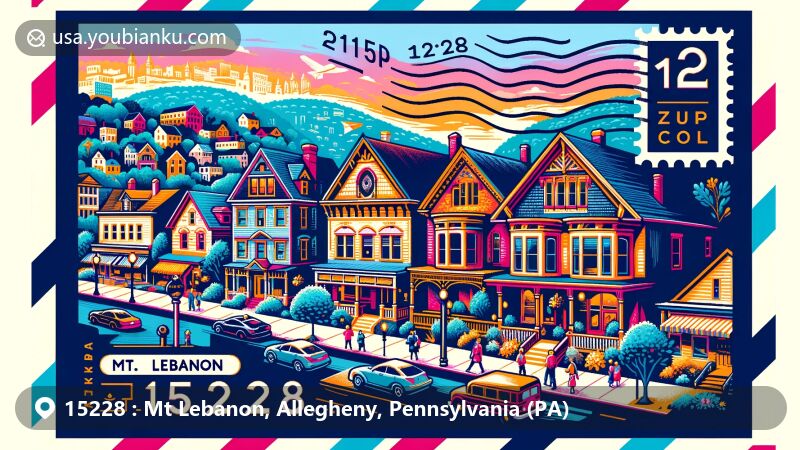 Modern illustration of Mt. Lebanon, Allegheny County, Pennsylvania, depicting historic neighborhood, lively Washington Road with shops and restaurants, award-winning public schools, and local architectural styles. Includes postal elements like stamp, postmark, and ZIP code 15228.