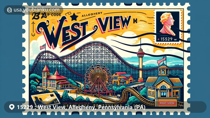 Modern illustration of West View Park, Allegheny County, Pennsylvania, with postal theme showcasing ZIP code 15229 and historic amusement park elements.