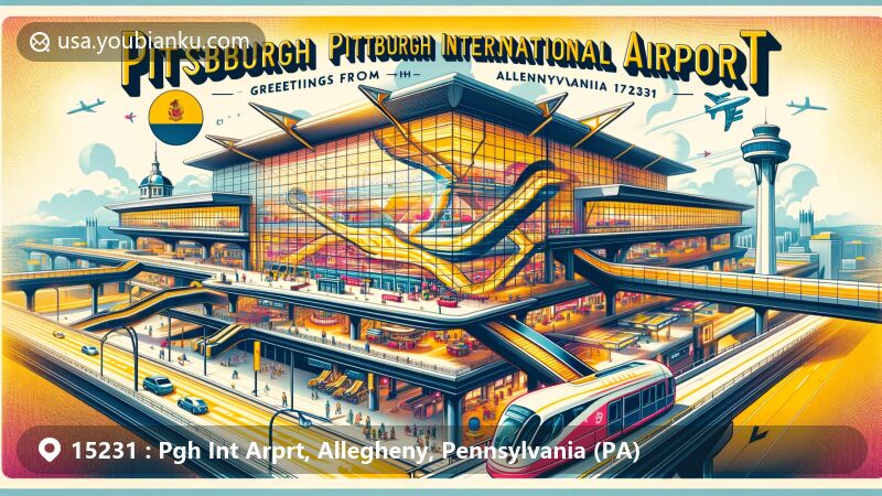 Modern illustration of Pittsburgh International Airport, Allegheny County, Pennsylvania, in the postal code area 15231, showcasing innovative features like microgrid powered by natural gas and solar power, X-shaped layout, underground tram, and diverse shopping and dining options.