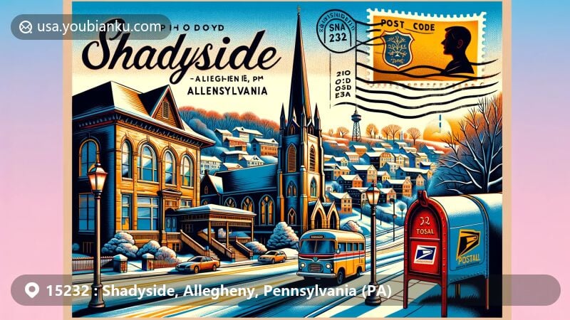 Modern illustration of Shadyside area in Allegheny County, Pennsylvania, highlighting postal theme with ZIP code 15232 and classic mailbox, featuring iconic landmarks like Shadyside Presbyterian Church and schools.