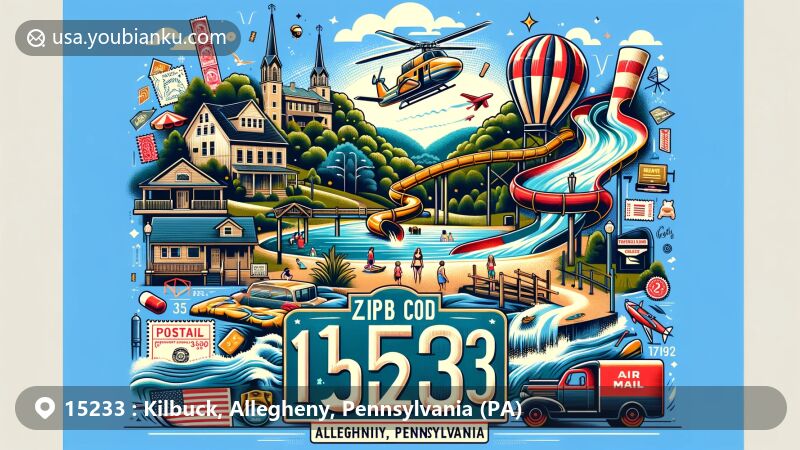 Modern illustration of Kilbuck, Allegheny County, Pennsylvania, highlighting Avonworth Park and postal theme with ZIP code 15233, featuring outdoor recreational activities and postal symbols.