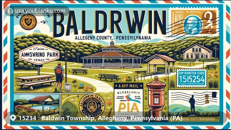 Modern illustration of Baldwin Township, Allegheny County, Pennsylvania, featuring postal theme with ZIP code 15234, showcasing Armstrong Park and suburban charm.
